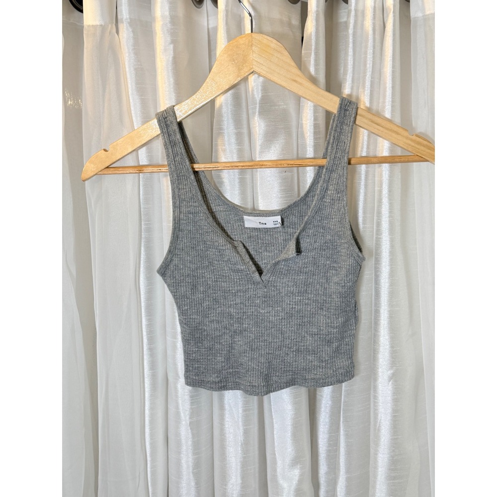 Tna Ribbed Tank Top Womens XXS Grey Notched Neck Cropped Sleeveless